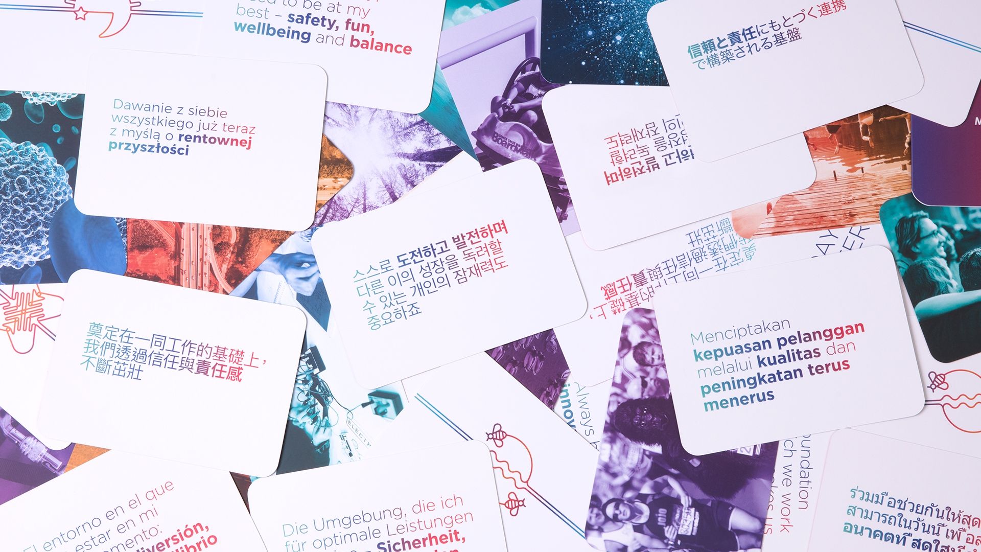 Saint Gobain Internal Communications Cards Showing Languages from the Company's 14 global locations